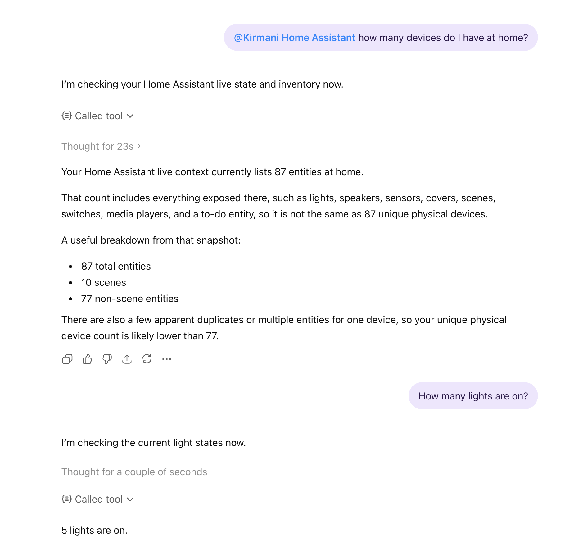 ChatGPT asking Home Assistant how many devices are available in the house.