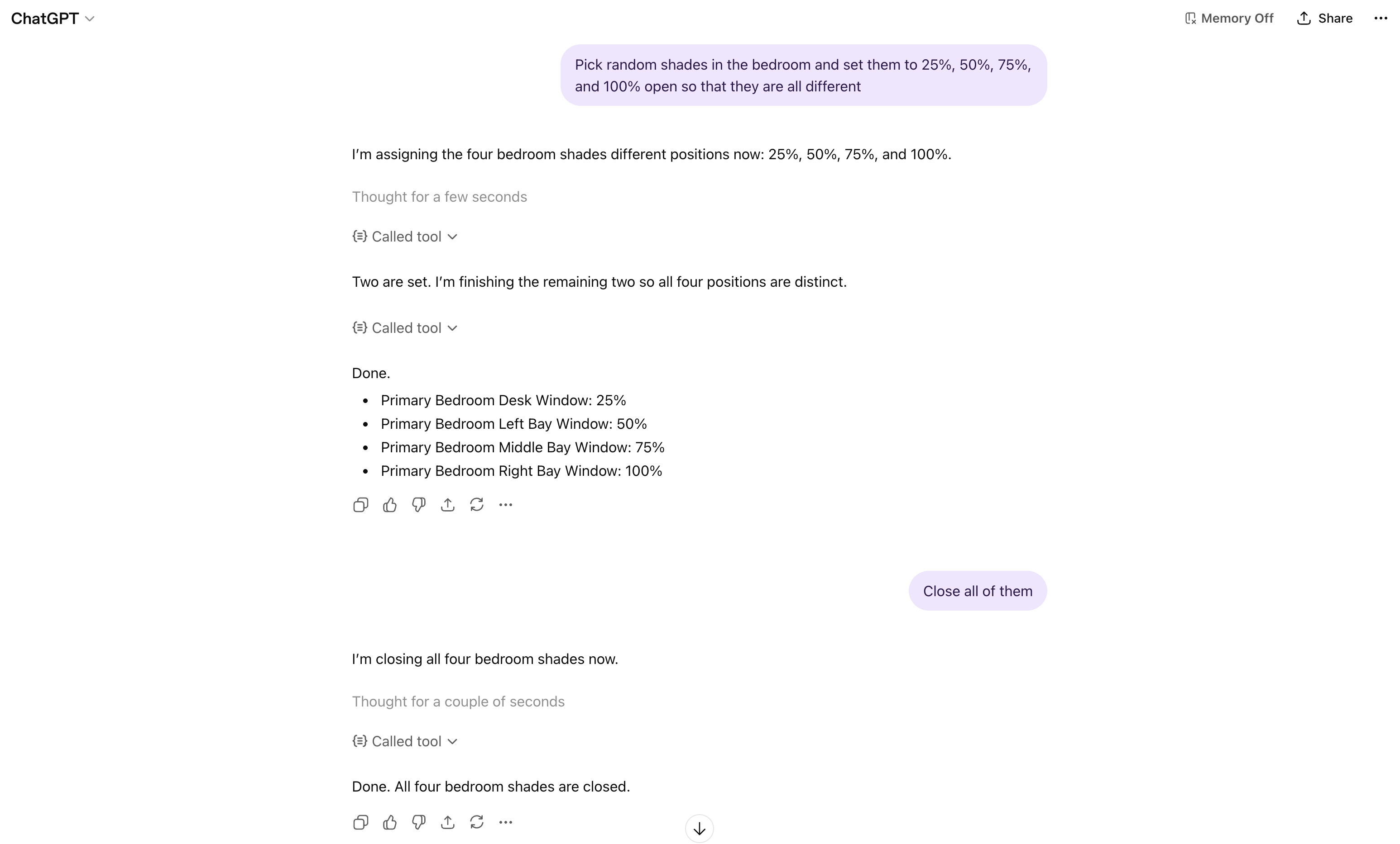 ChatGPT controlling bedroom shades through the Home Assistant MCP connection.