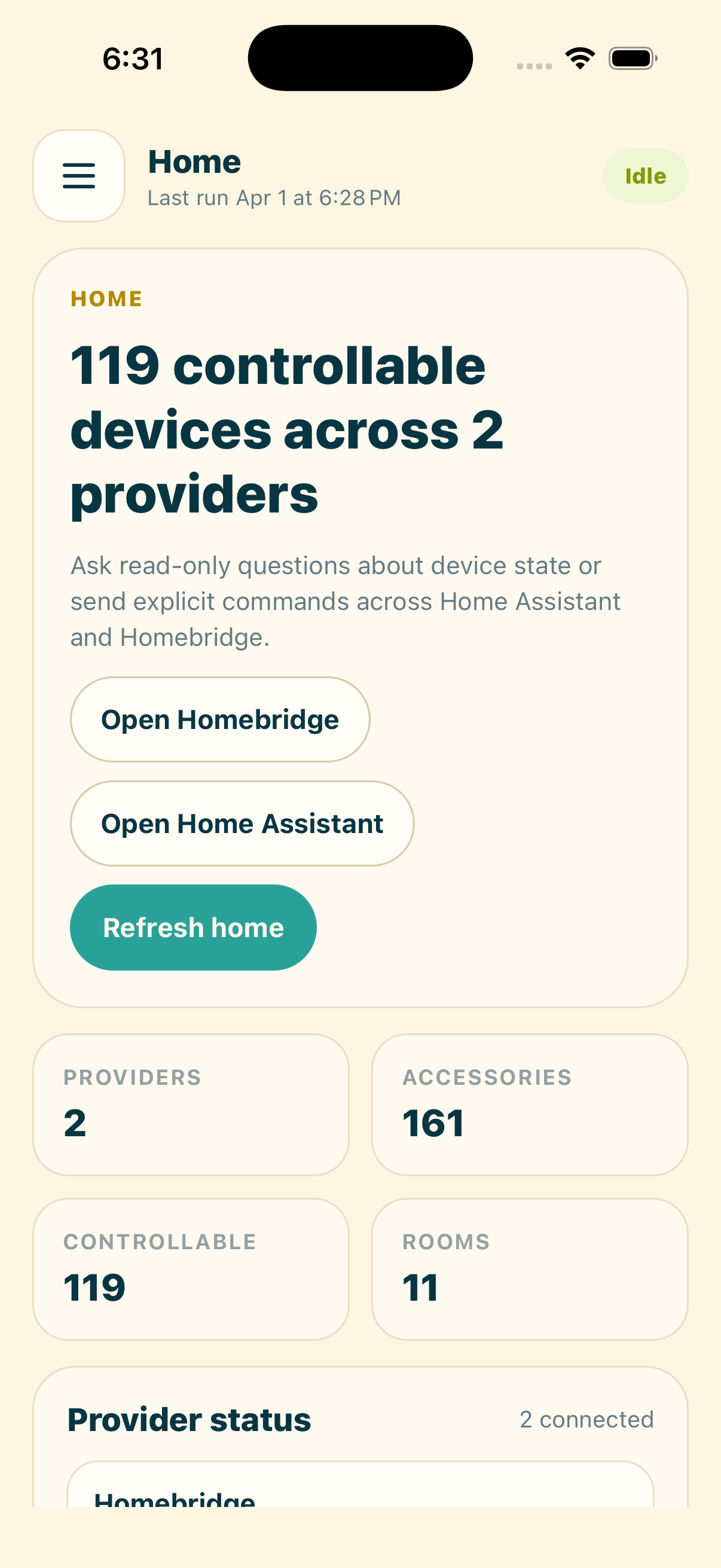 Redacted screenshot of the unified smart-home panel in the iPhone app.