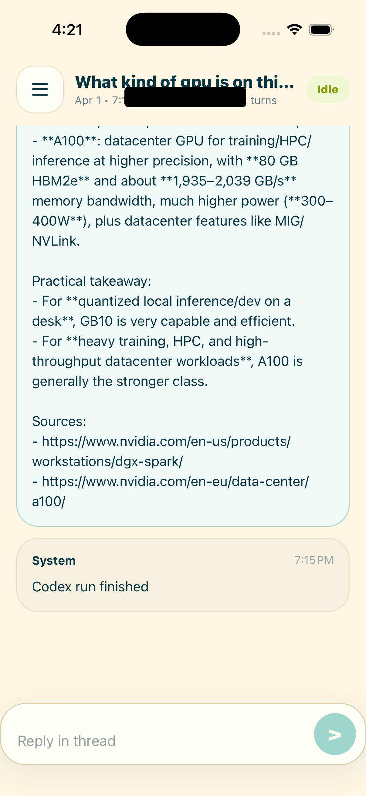 Redacted screenshot of the native codex-box iPhone app showing a conversation thread.