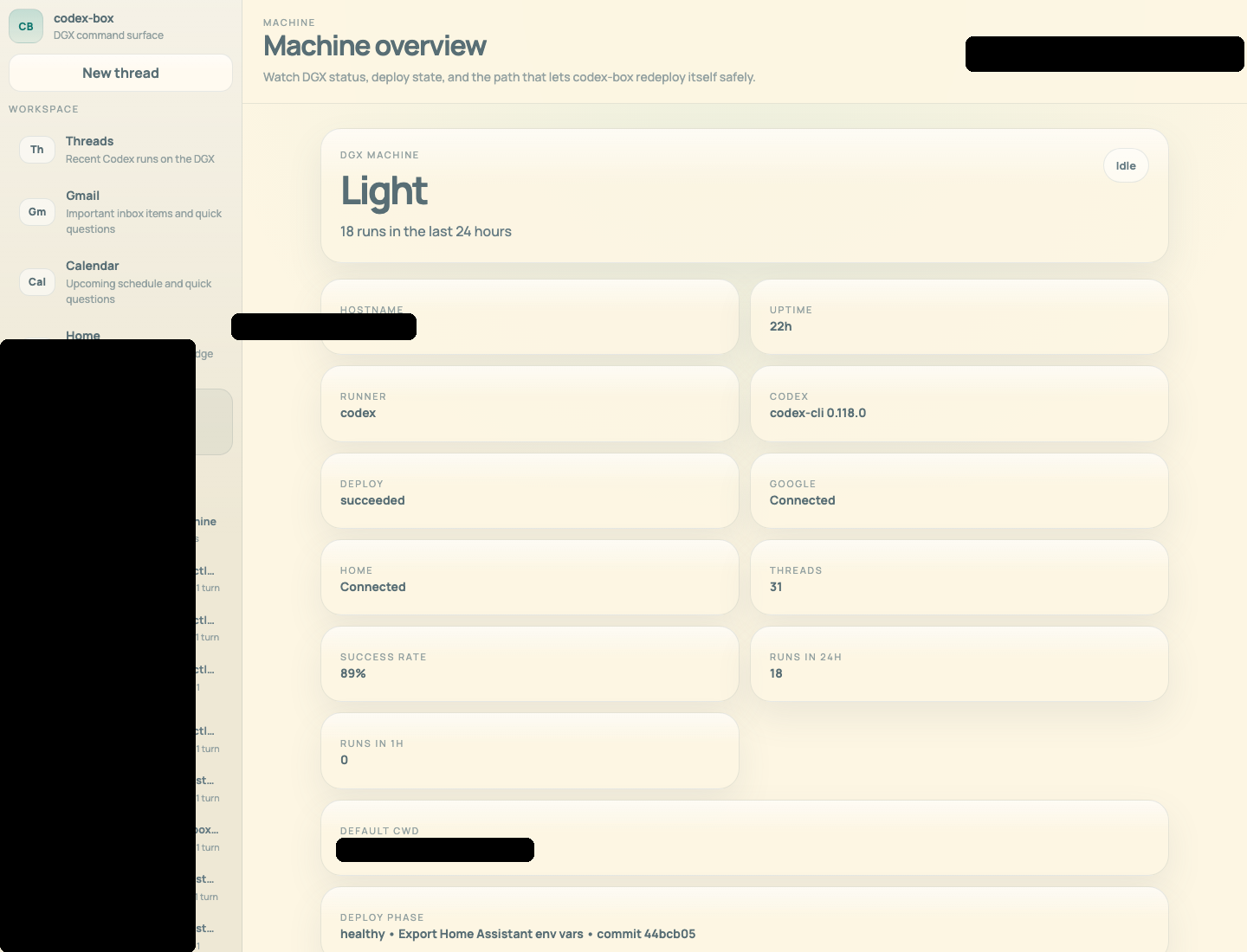 Redacted screenshot of the codex-box website machine overview.